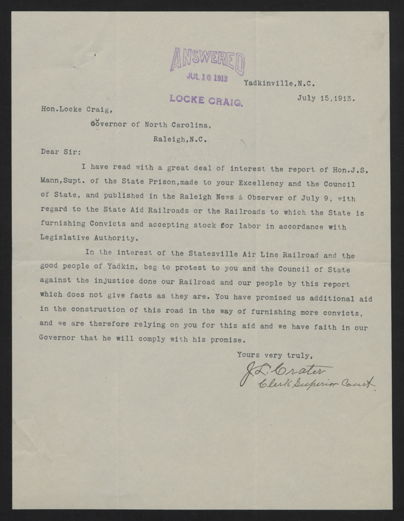Letter from Crater to Craig, July 15, 1913