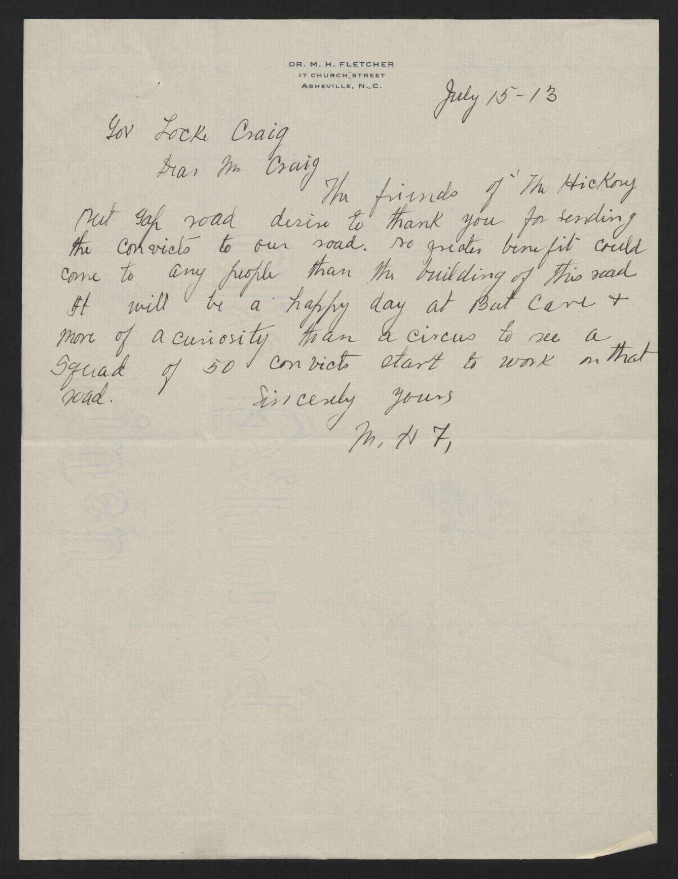 Letter from Fletcher to Craig, July 15, 1913