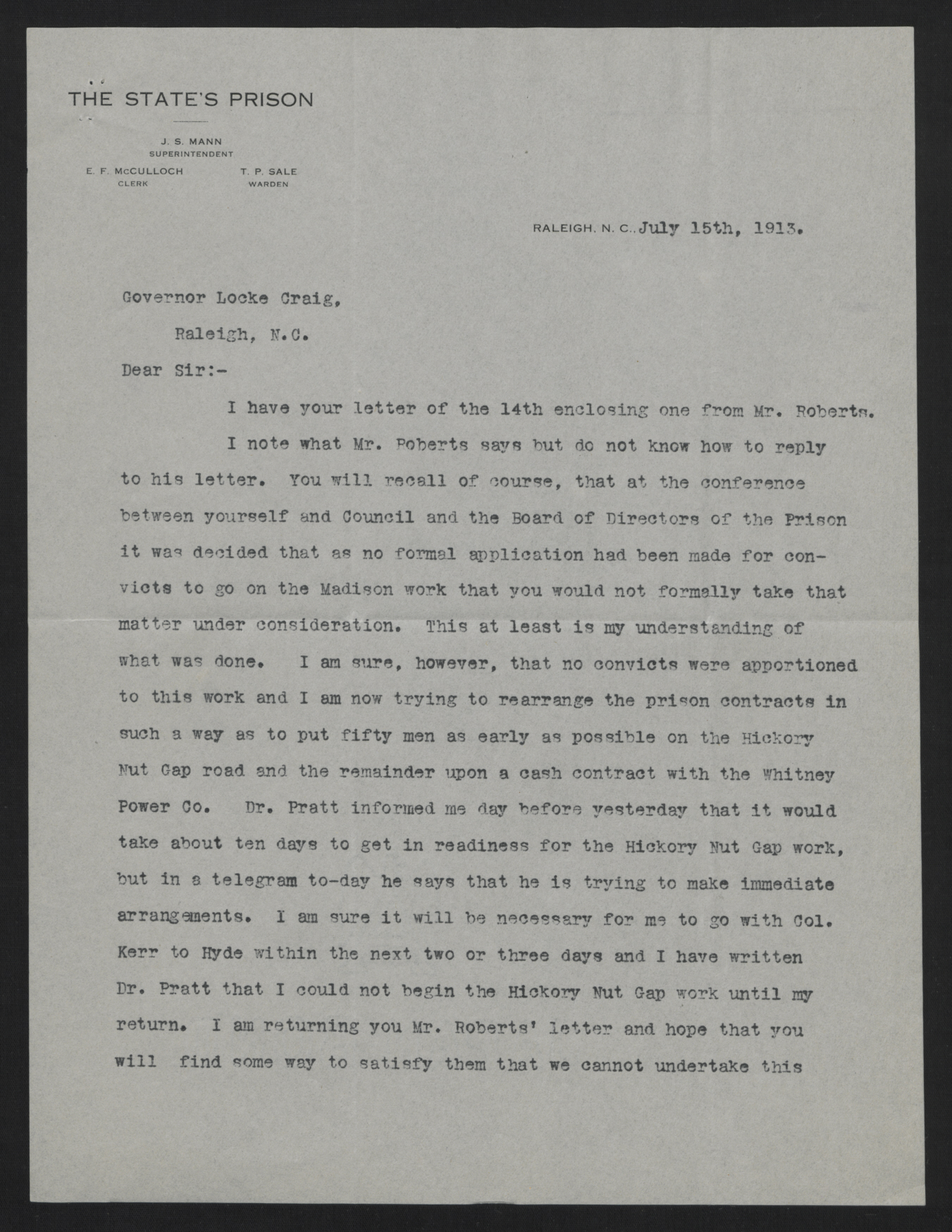 Letter from Mann to Craig, July 15, 1913, page 1