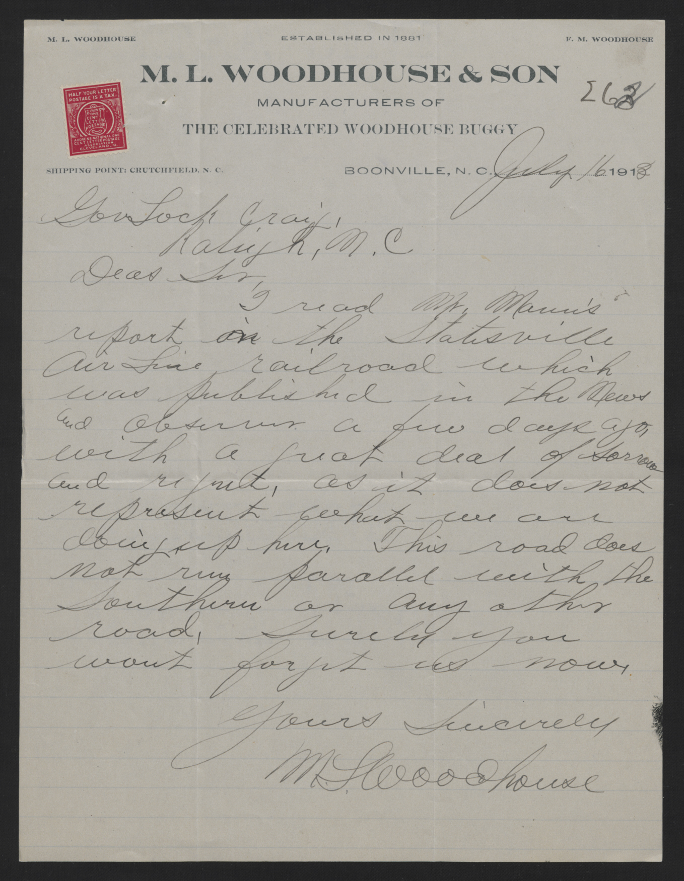 Letter from Woodhouse to Craig, July 16, 1913