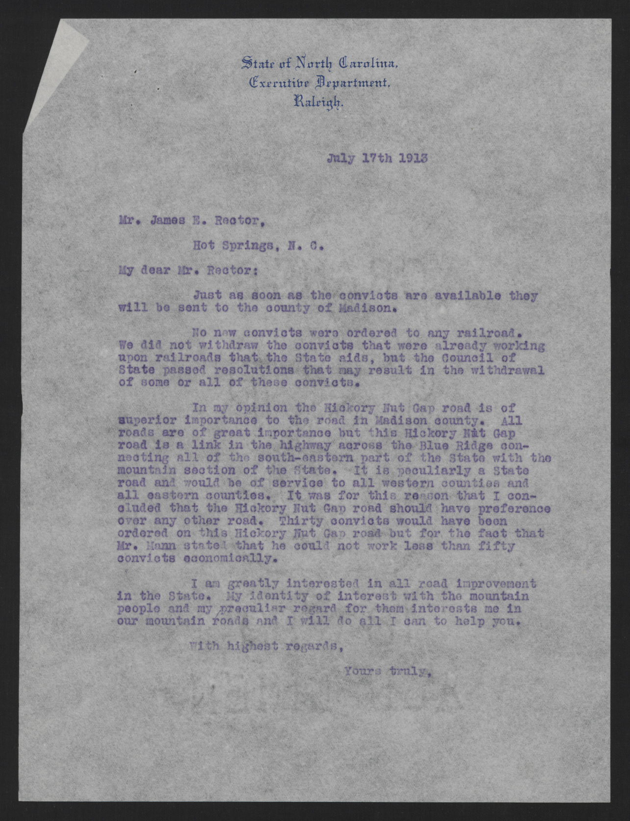 Letter from Craig to Rector, July 17, 1913