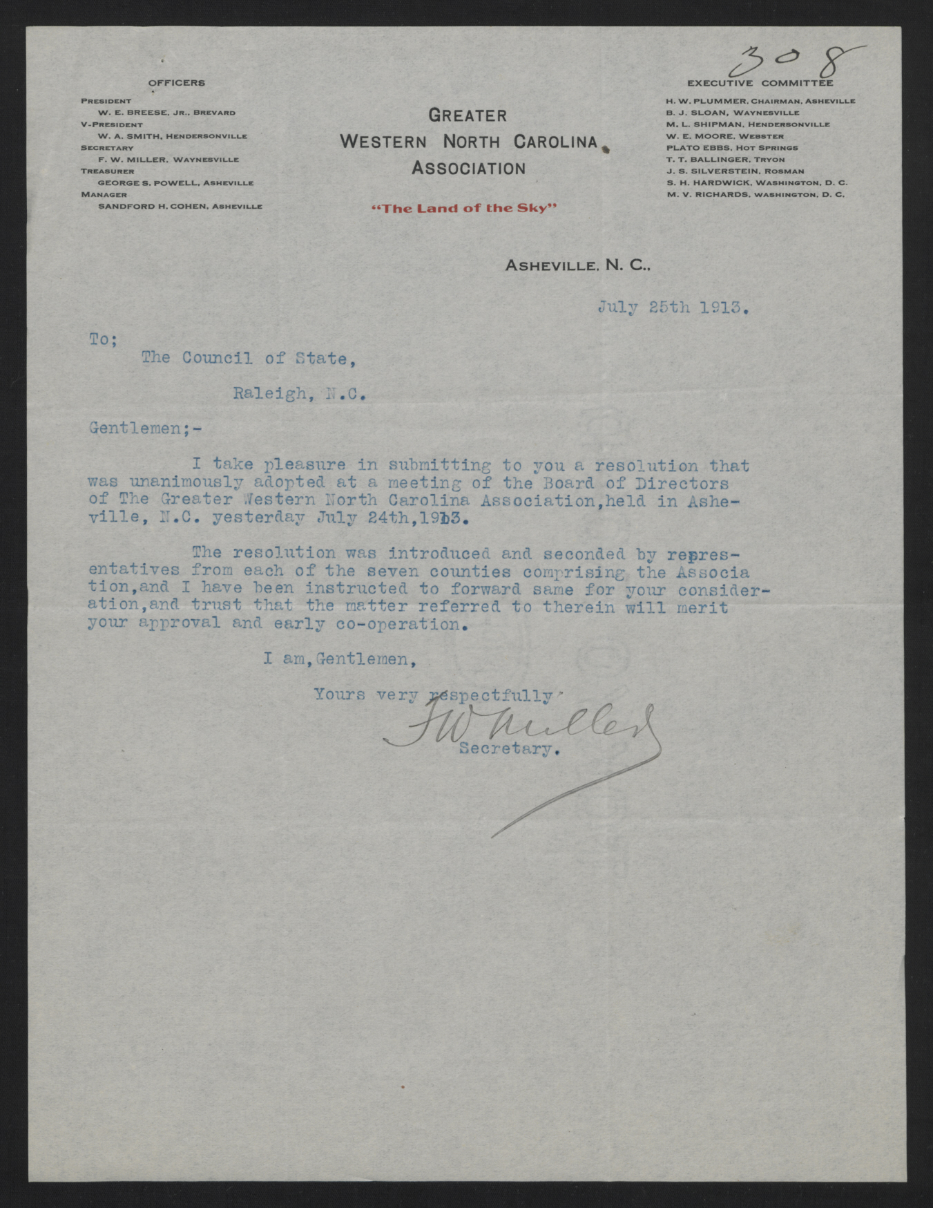 Letter from Miller to the Council of State, 25 July 1913