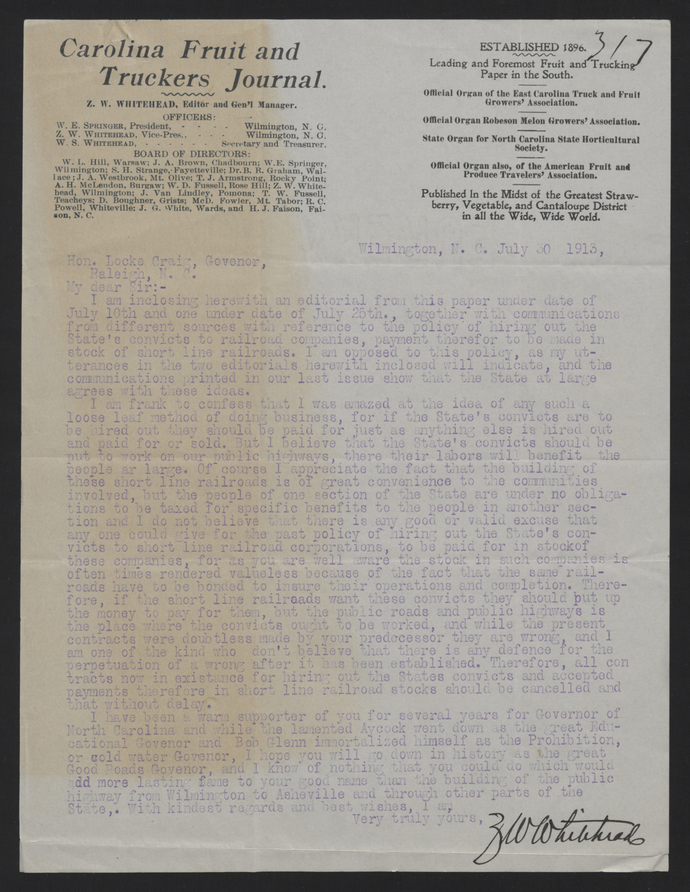 Letter from Whitehead to Craig, July 30, 1913