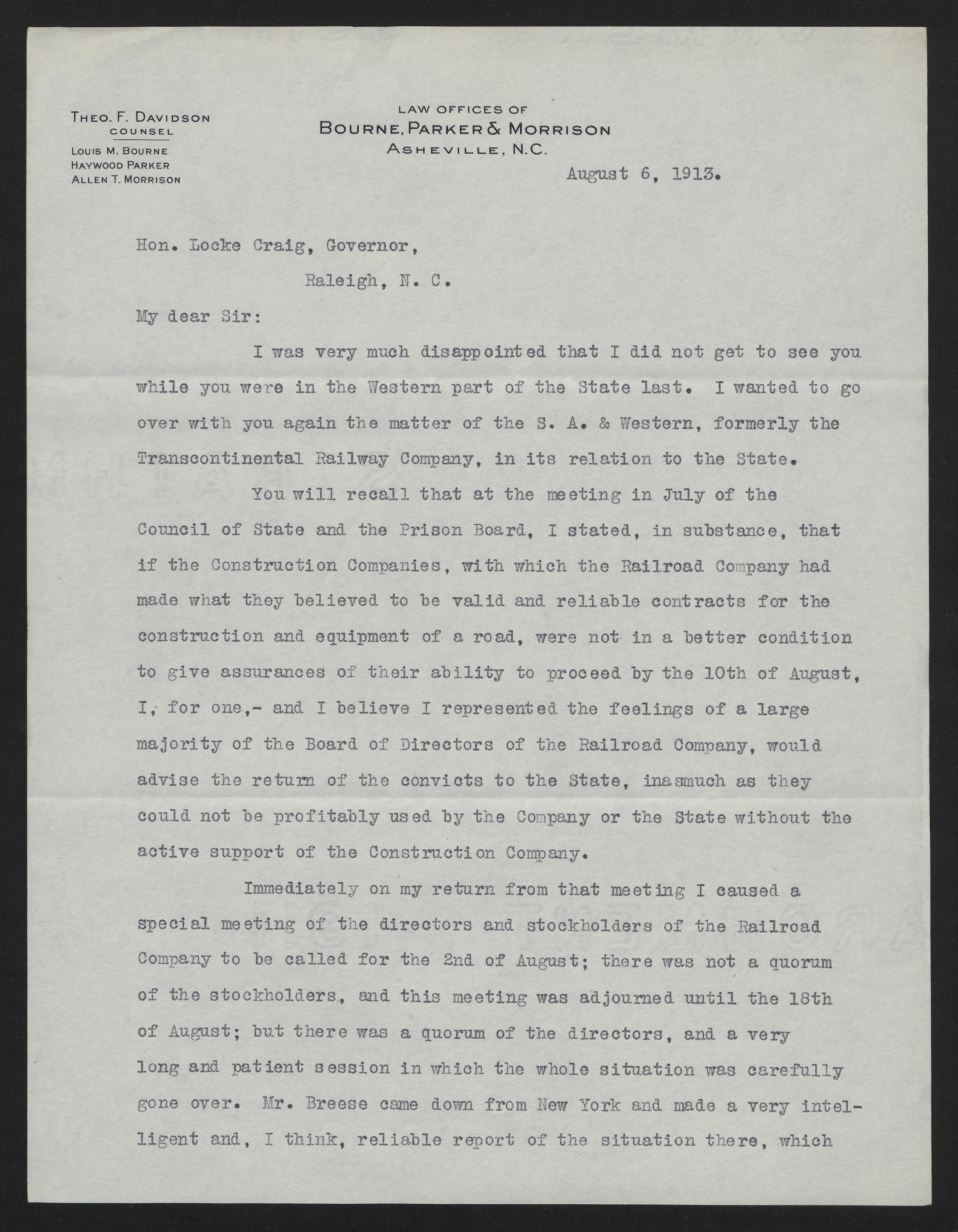 Letter from Davidson to Craig, August 6, 1913, page 1