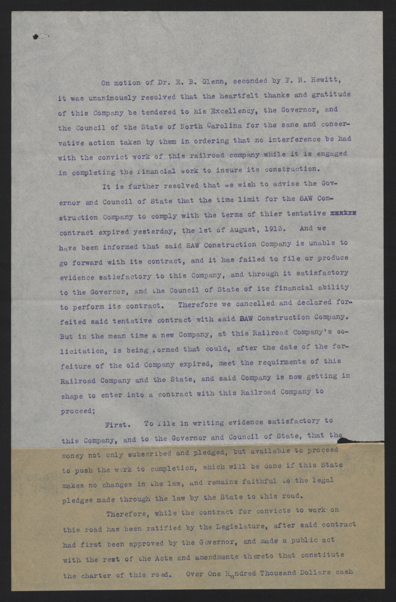Resolution of the South Atlantic and Western Railway Company, August 2, 1913, page 1