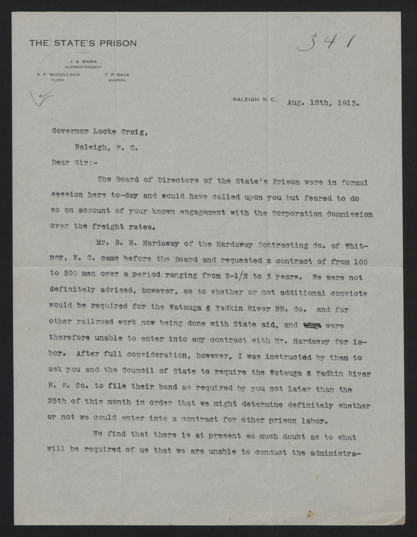 Letter from Mann to Craig, August 12, 1913, page 1
