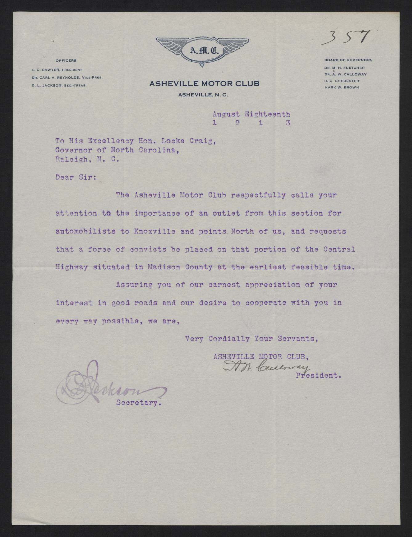 Letter from Calloway to Craig, August 18, 1913