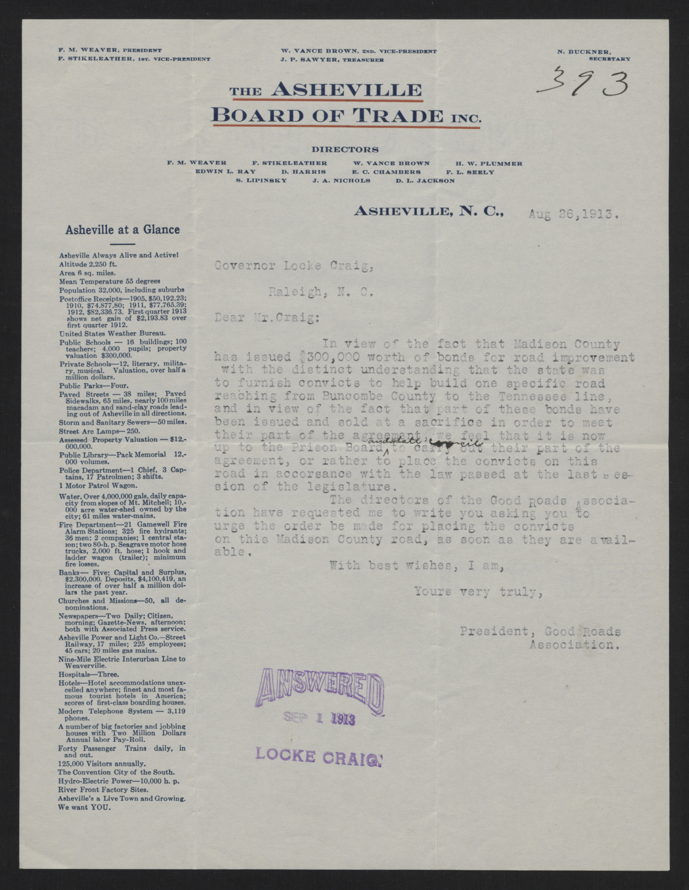 Letter from Weaver to Craig, August 26, 1913