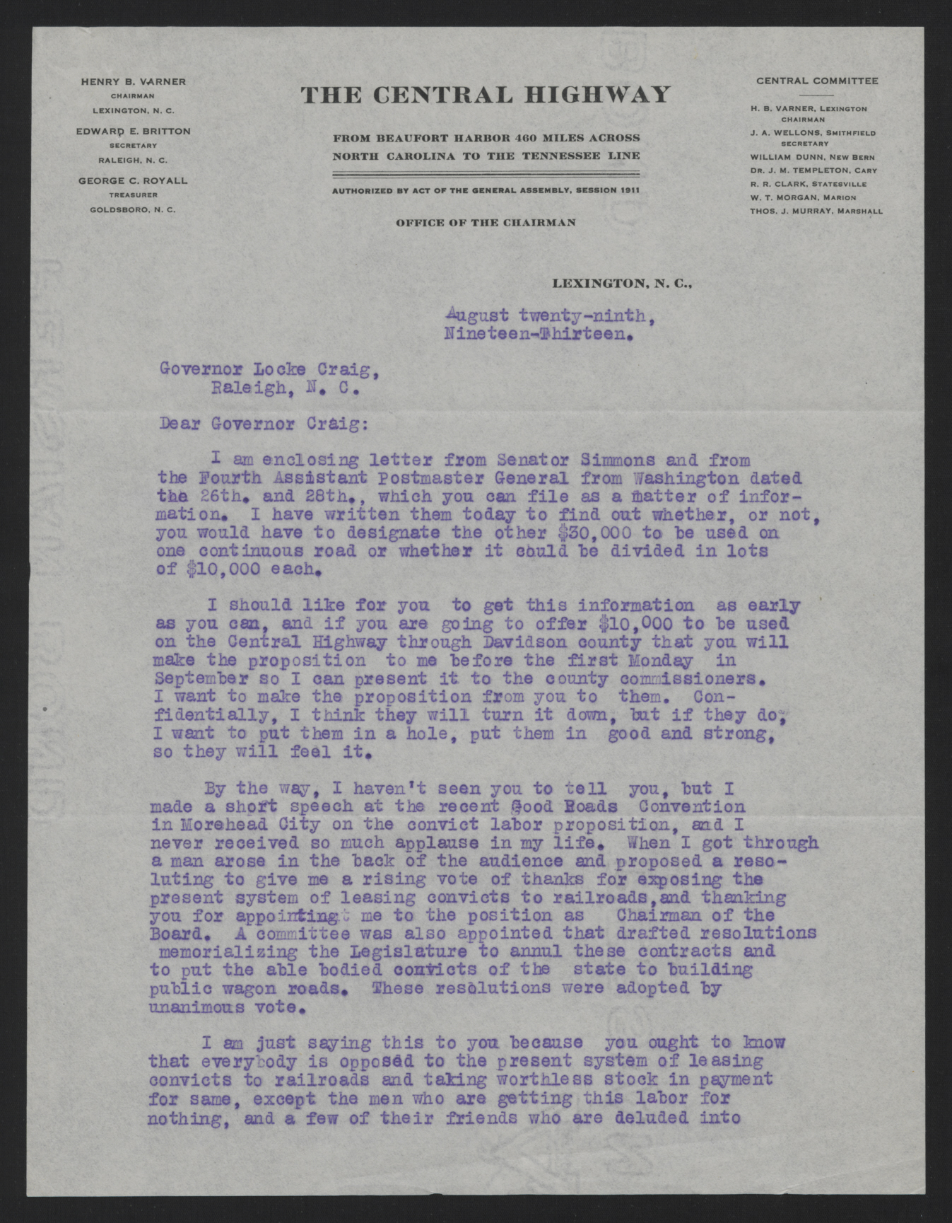 Letter from Varner to Craig, August 29, 1913, page 1