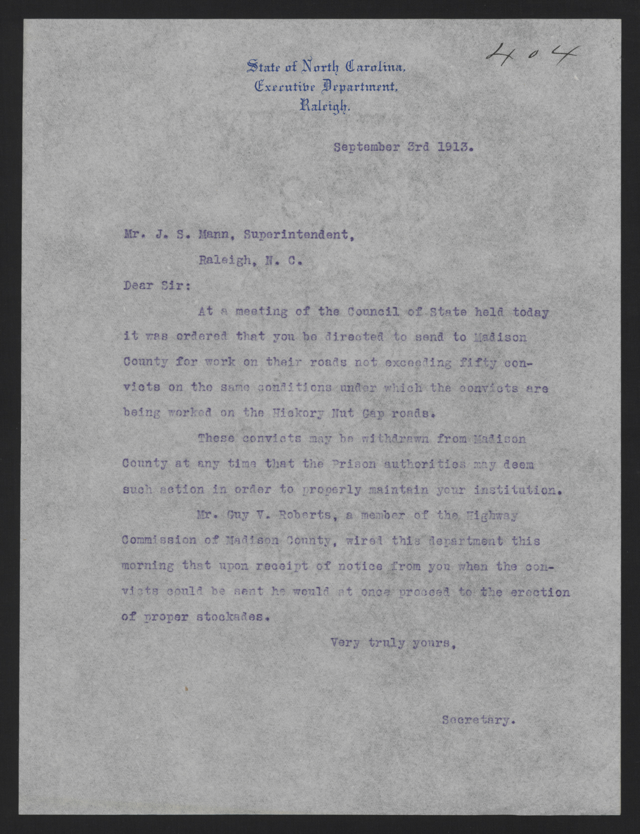 Letter from Kerr to Mann, September 3, 1913