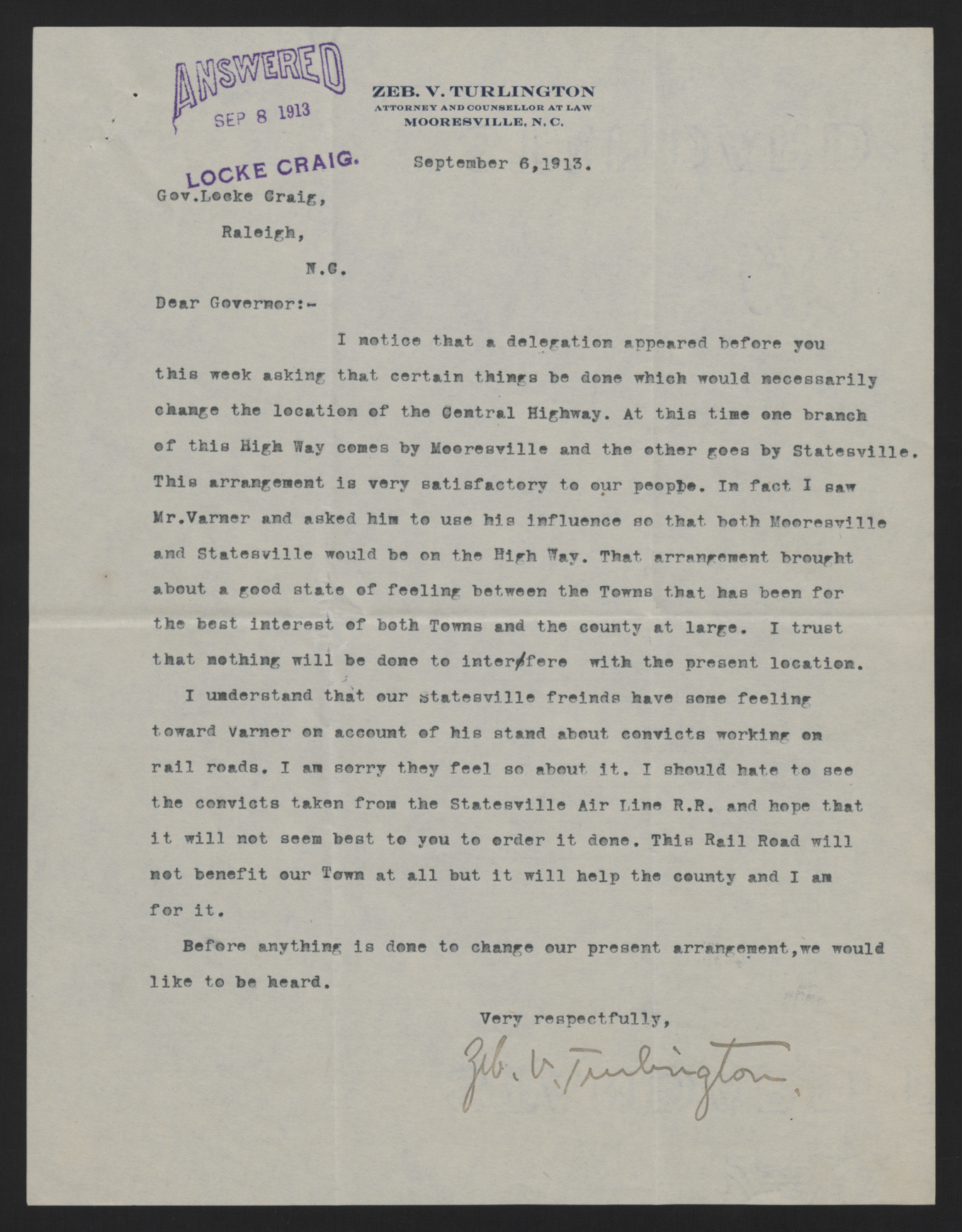 Letter from Turlington to Craig, September 6, 1913