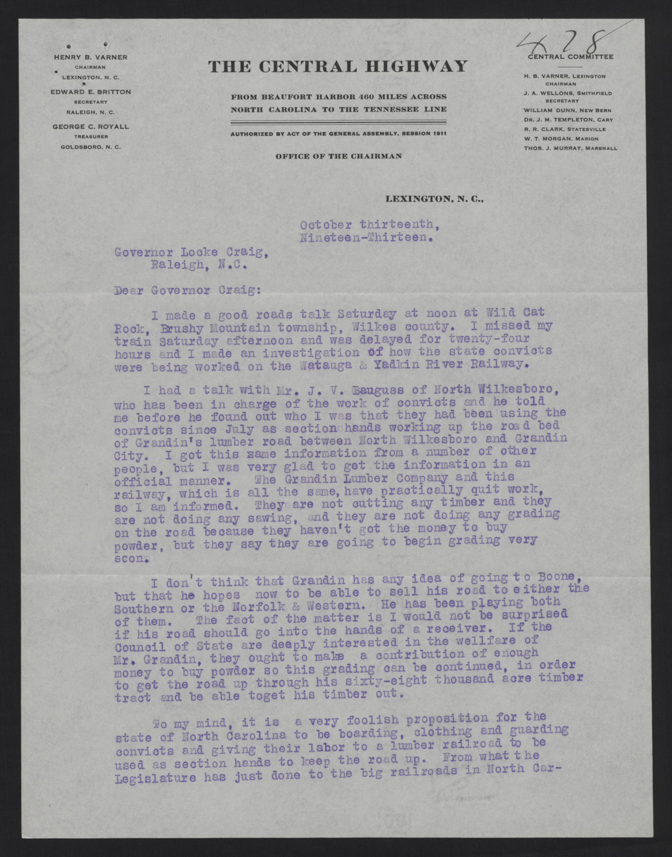 Letter from Varner to Craig, October 13, 1913, page 1