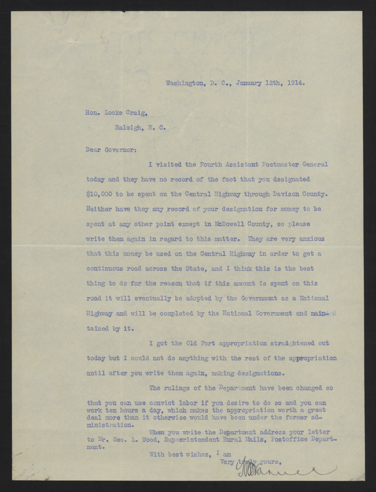 Letter from Varner to Craig, January 12, 1914