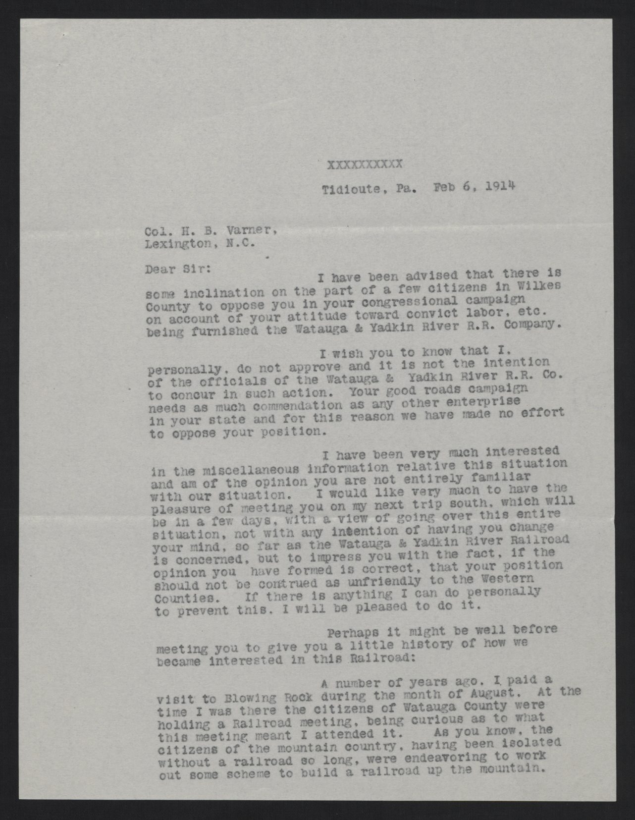 Letter from Grandin to Varner, February 6, 1914, page 1