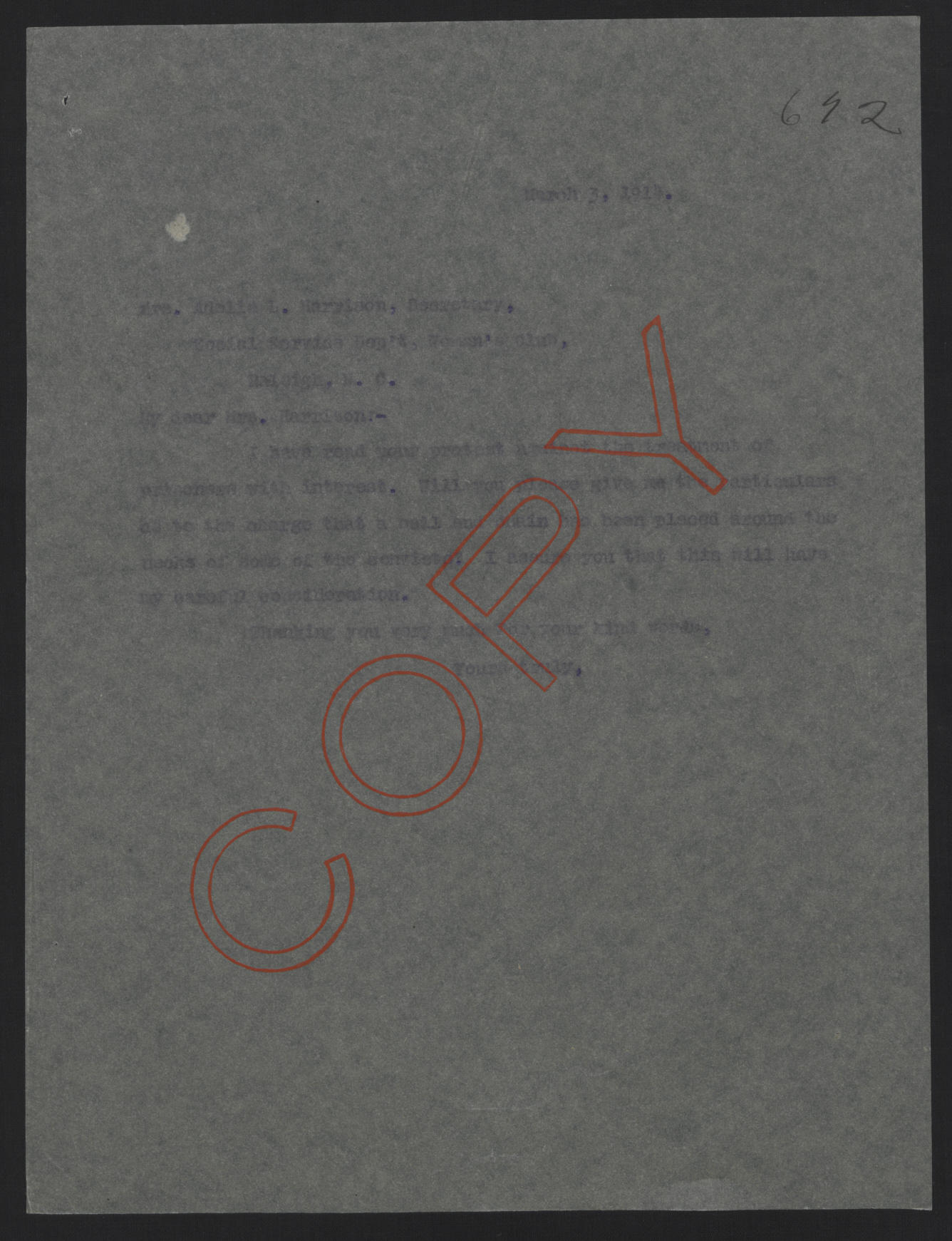 Letter from Craig to Harrison, March 3, 1914