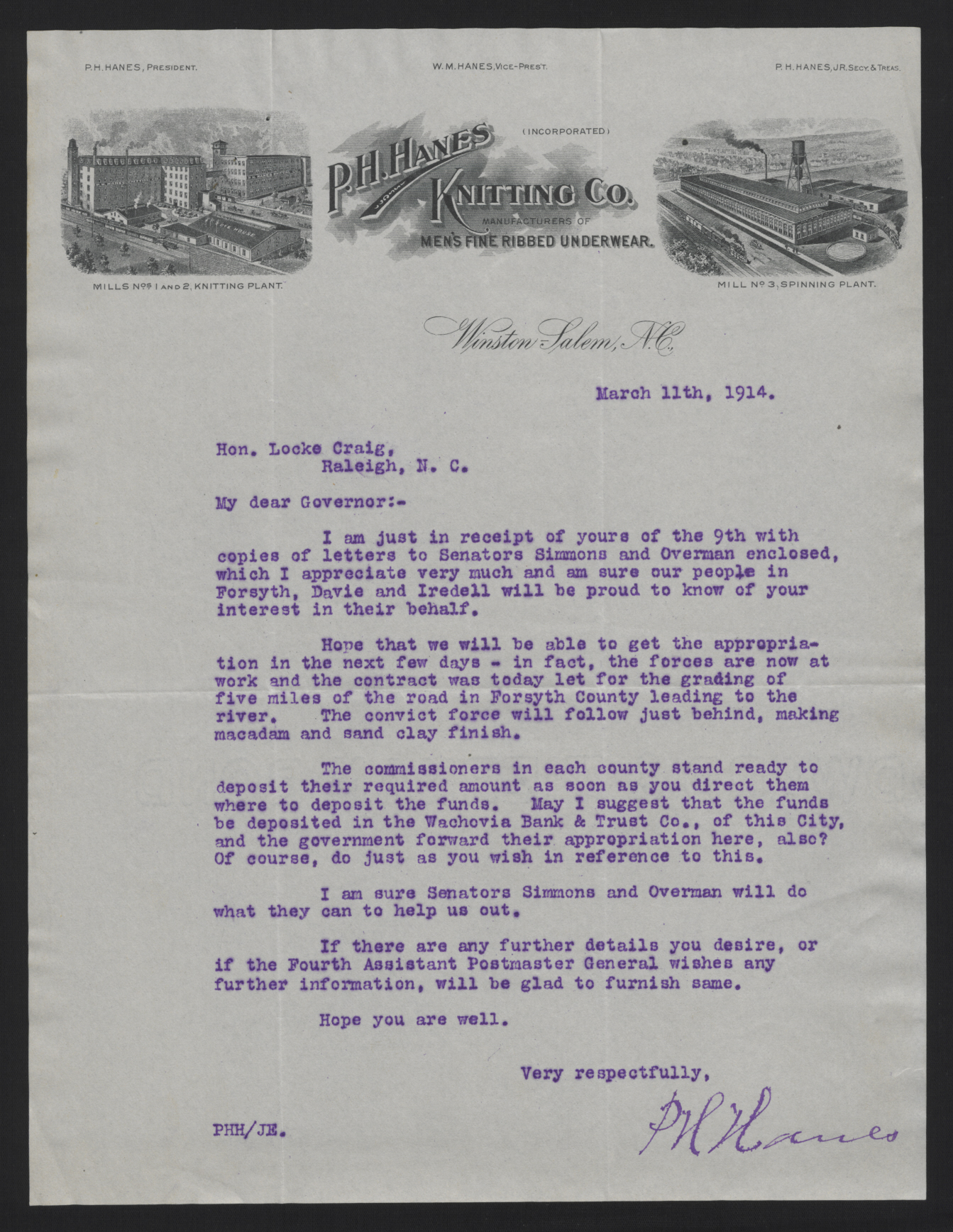 Letter from Hanes to Craig, March 11, 1914