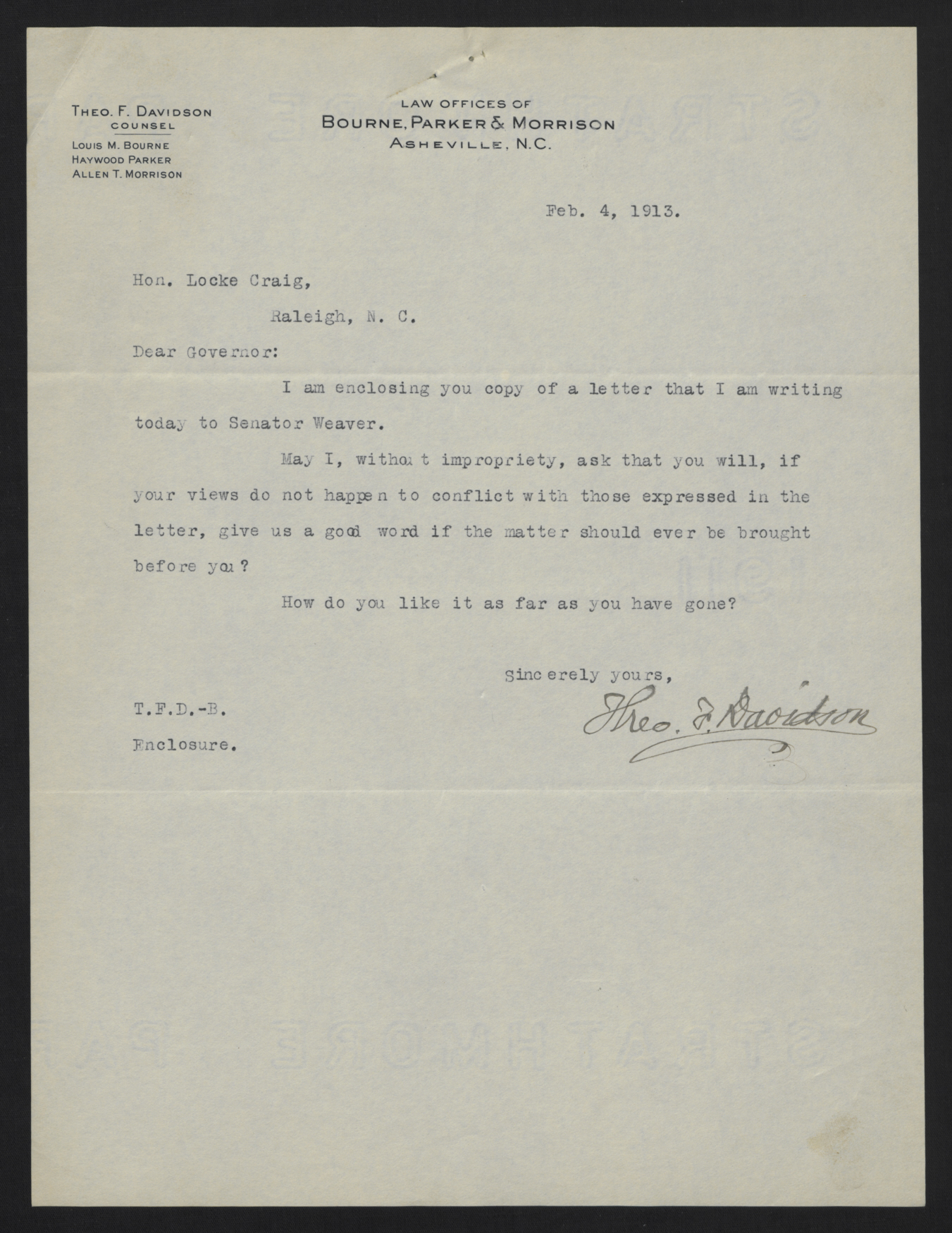 Letter from Davidson to Craig, 4 February 1913