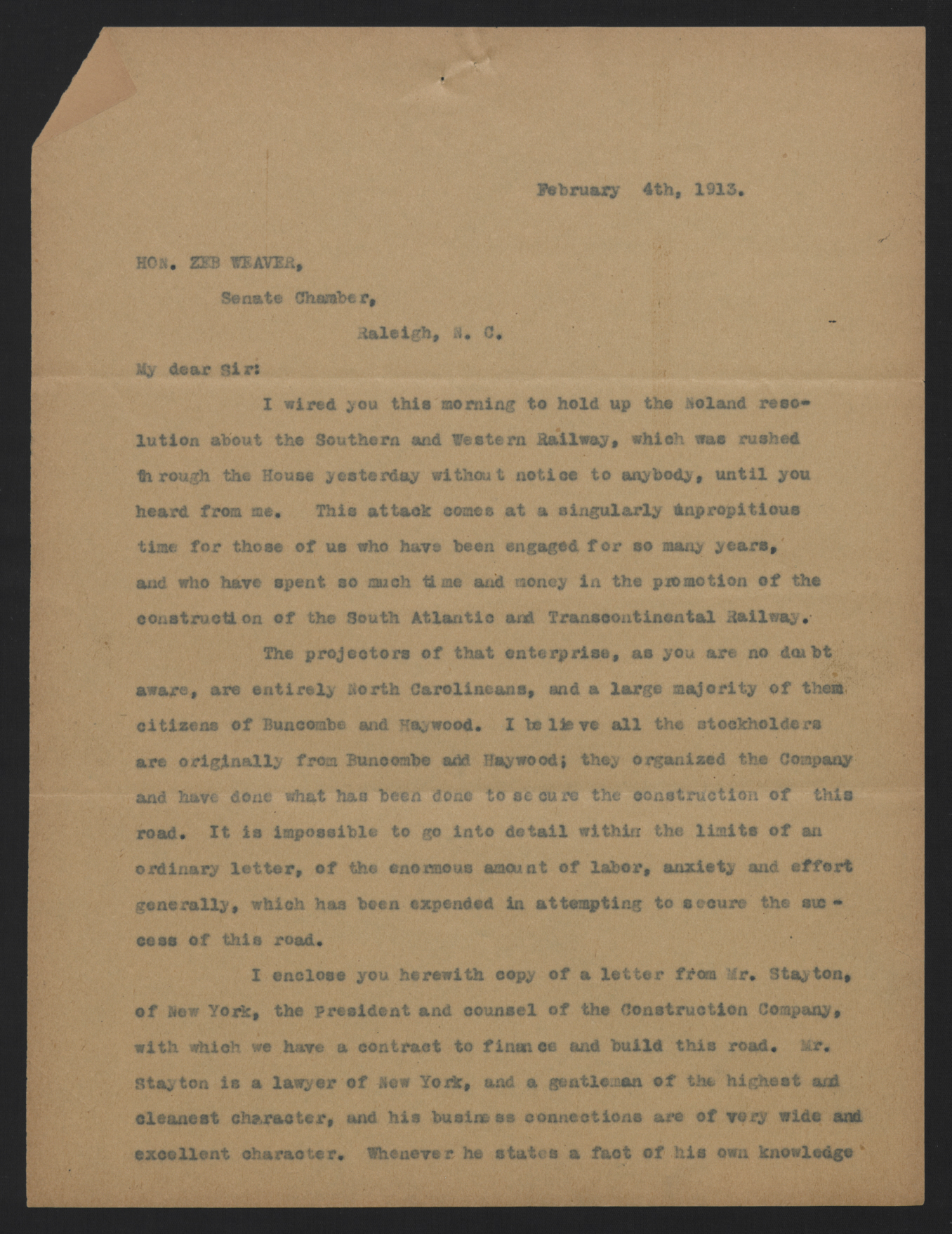 Letter from Davidson to Weaver, February 4, 1913, page 1