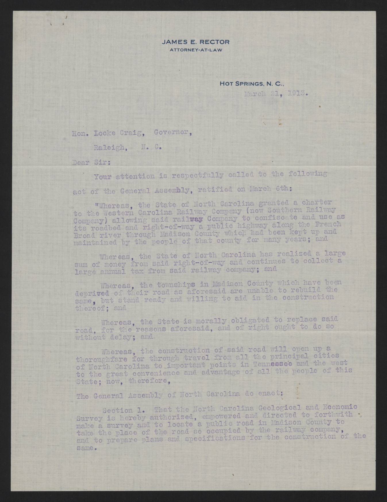 Letter from Rector to Craig, March 21, 1913, page 1
