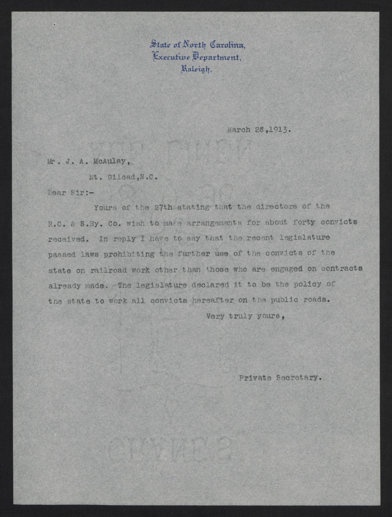 Letter from Kerr to McAulay, March 28, 1913