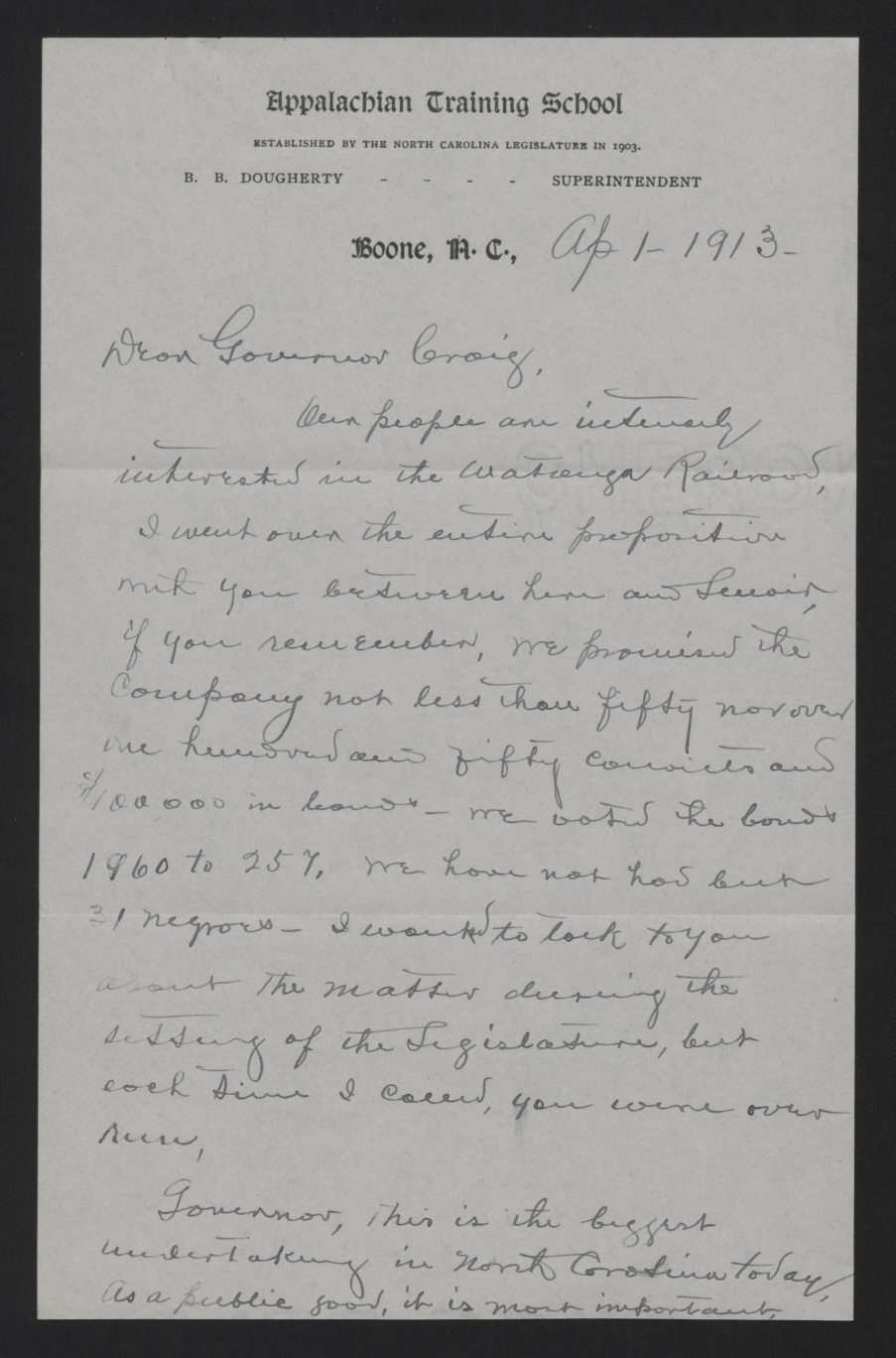 Letter from Dougherty to Craig, April 1, 1913, page 1