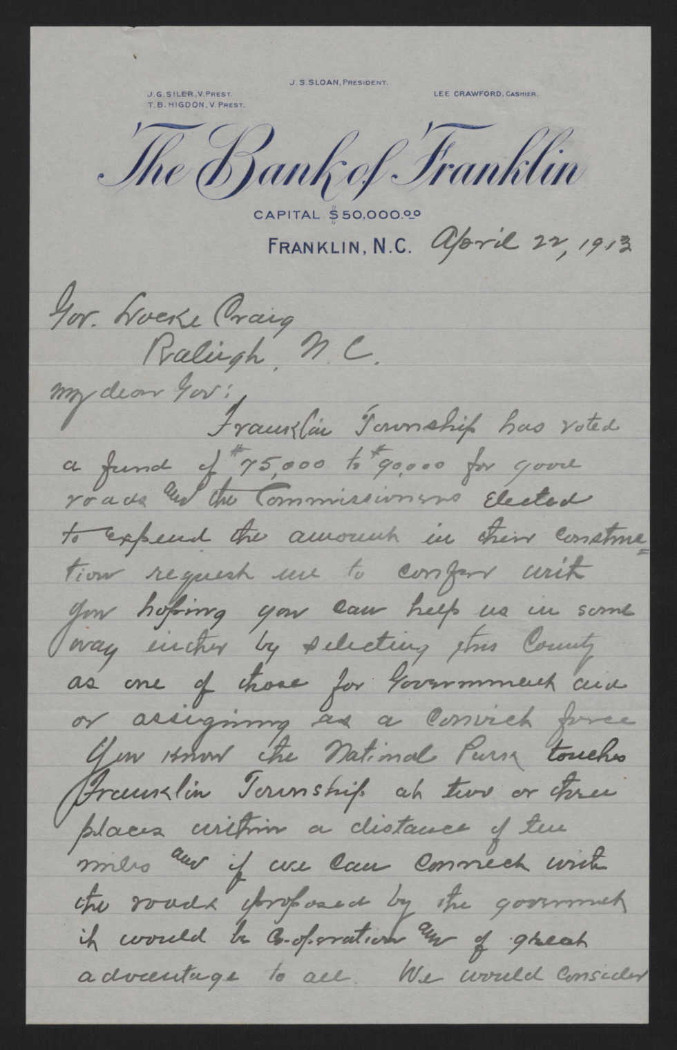 Letter from Rogers to Craig, April 22, 1913, page 1