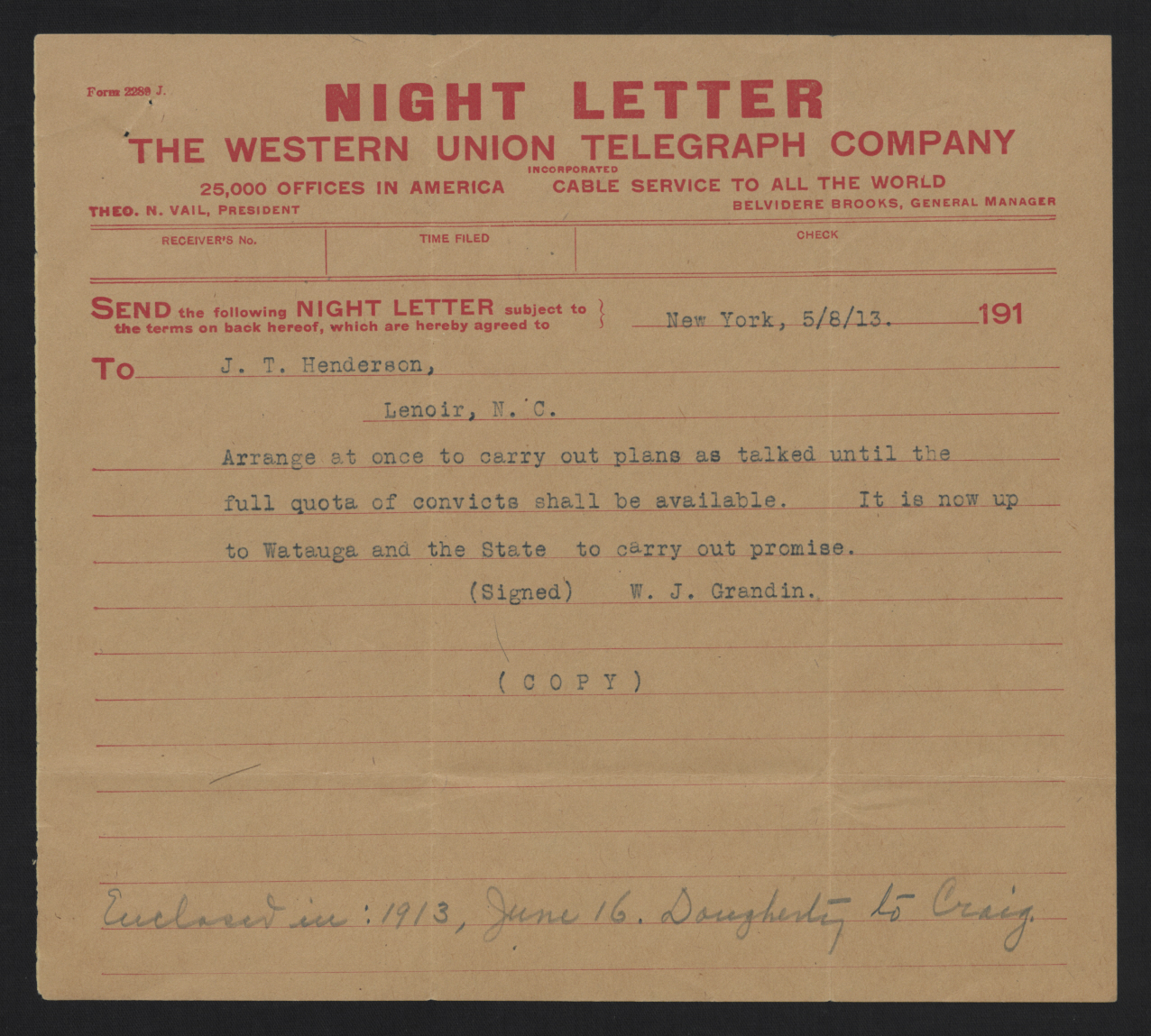 Telegram from Grandin to Henderson, 8 May 1913