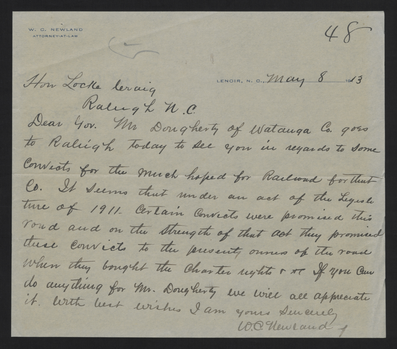 Letter from Newland to Craig, May 8, 1913