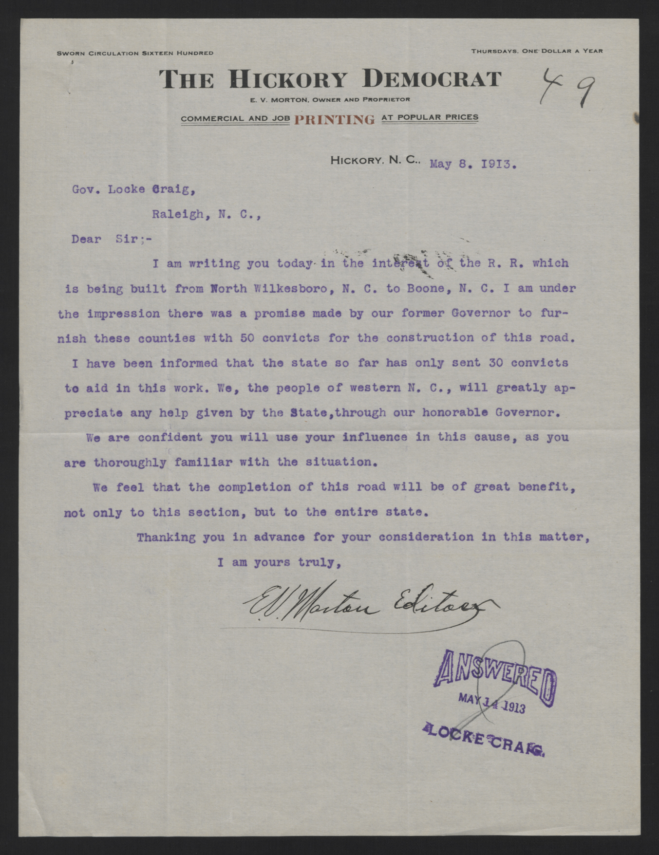 Letter from Morton to Craig, May 8, 1913