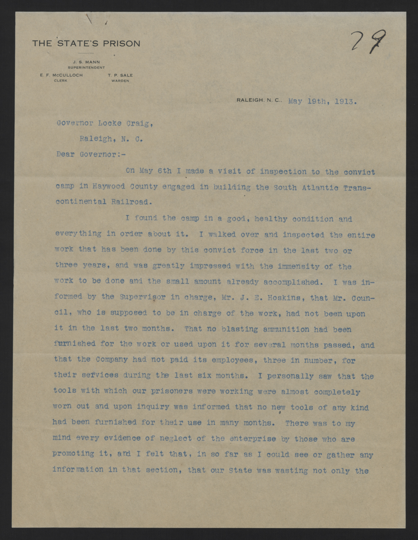 Letter from Mann to Craig, May 19, 1913, page 1