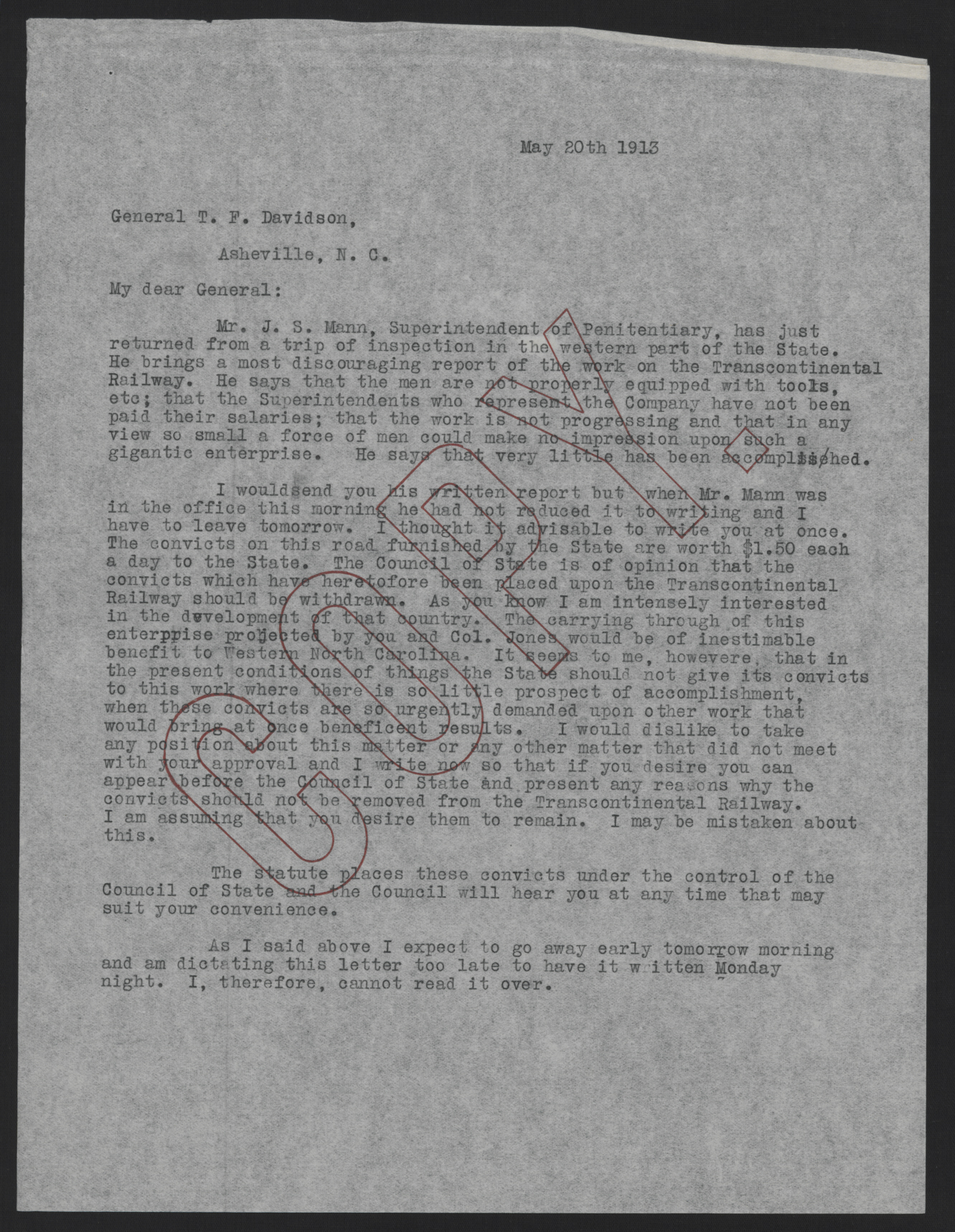 Letter from Craig to Davidson, May 20, 1913, page 1