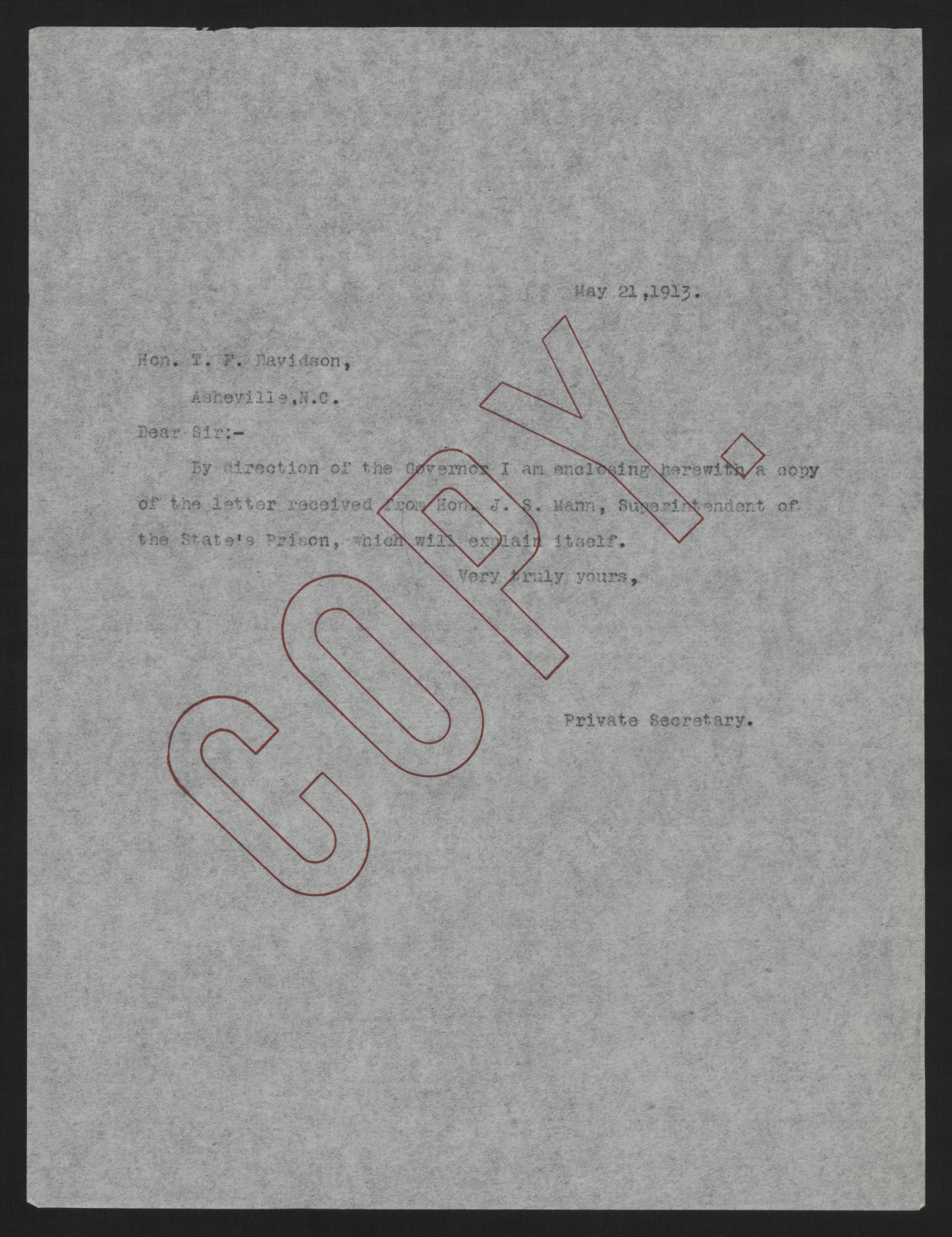 Letter from Kerr to Davidson, May 21, 1913