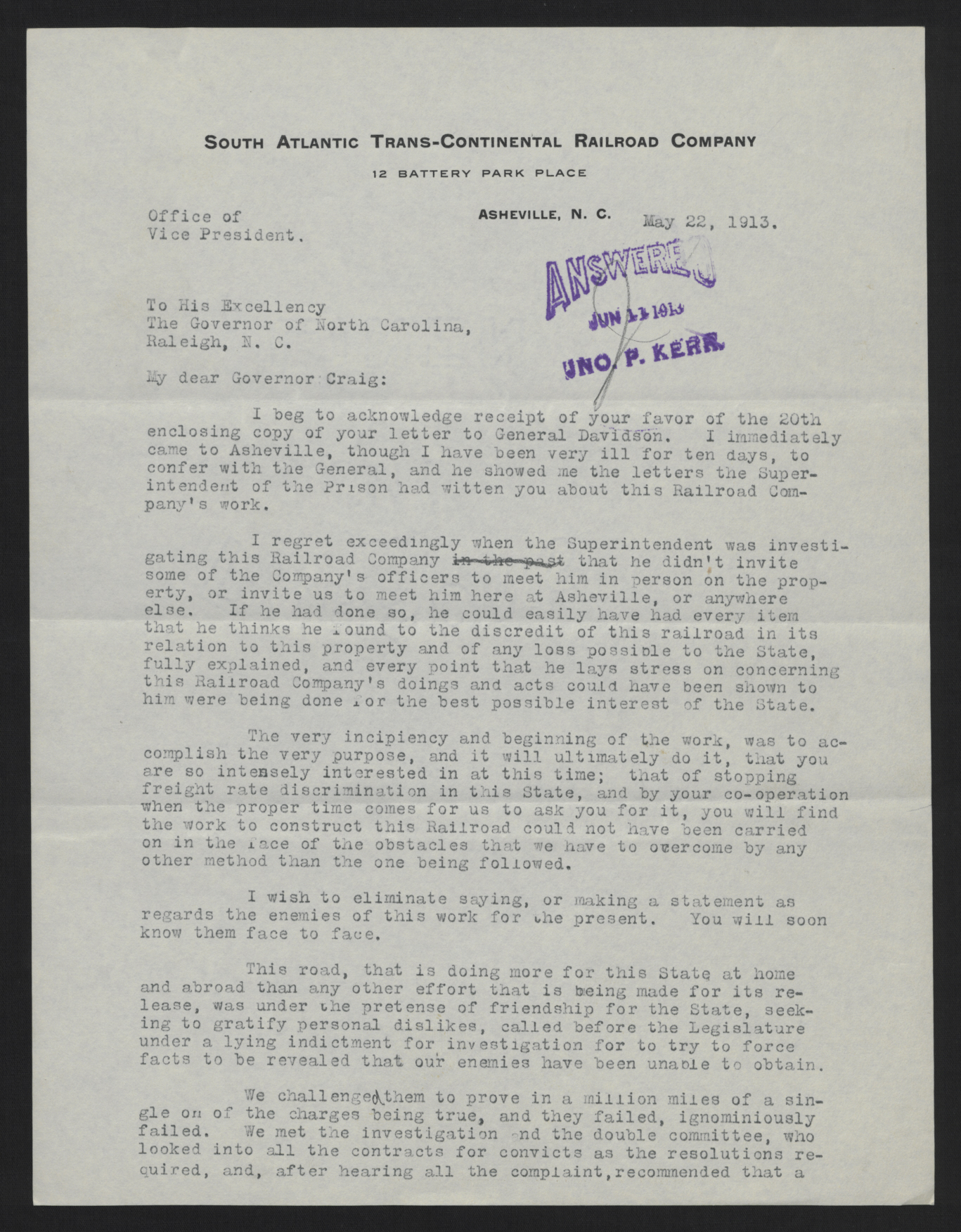 Letter from Jones to Craig, May 22, 1913, page 1