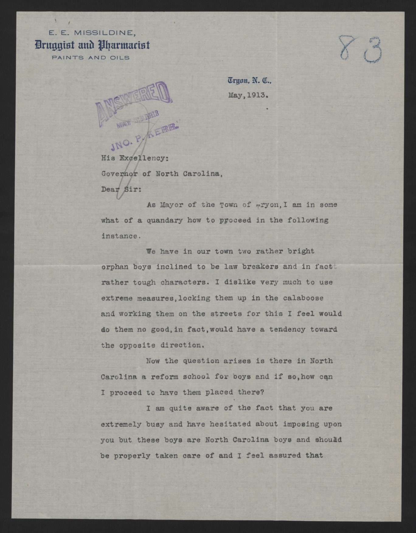Letter from Missildine to Craig, May 1913, page 1