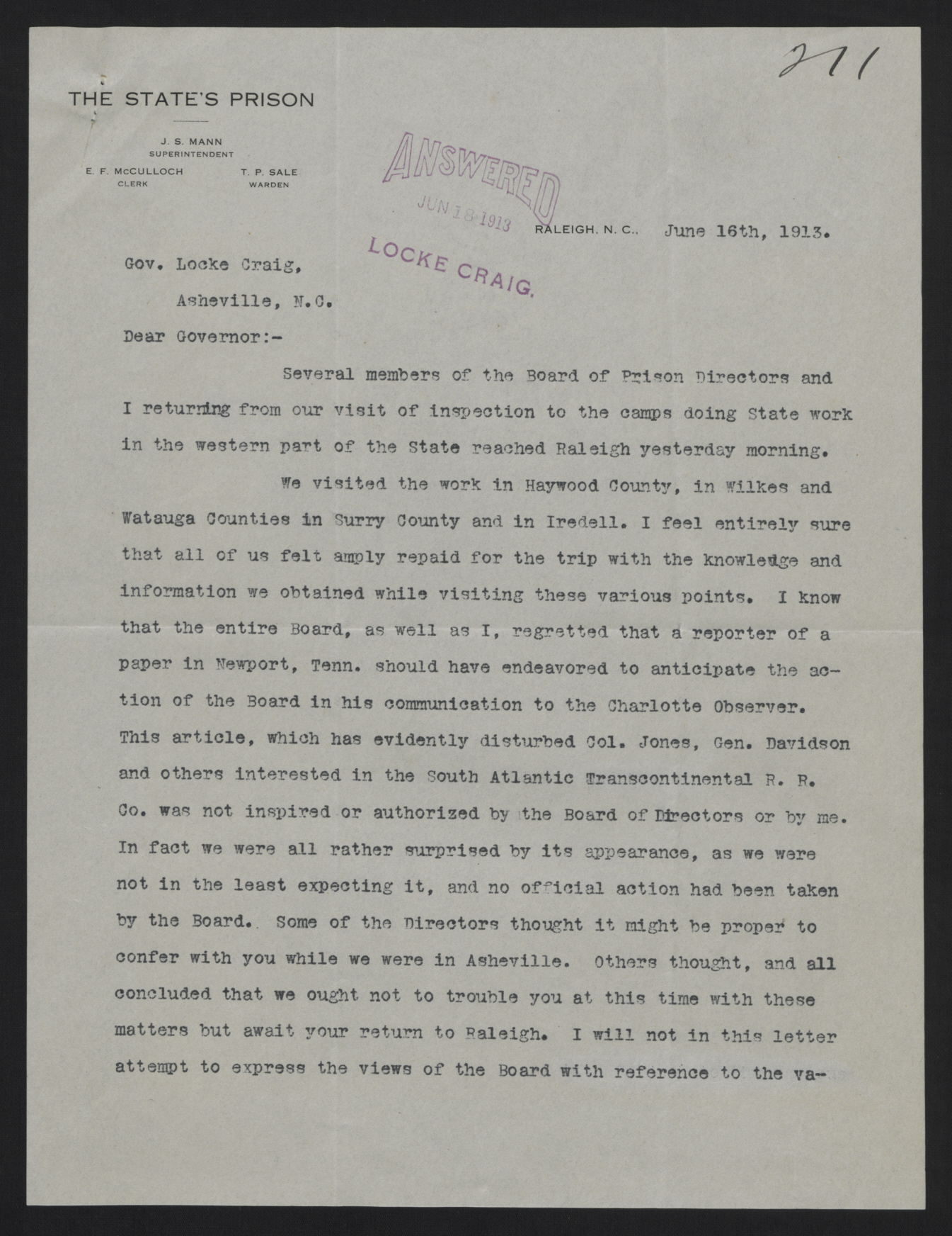 Letter from Mann to Craig, June 16, 1913, page 1