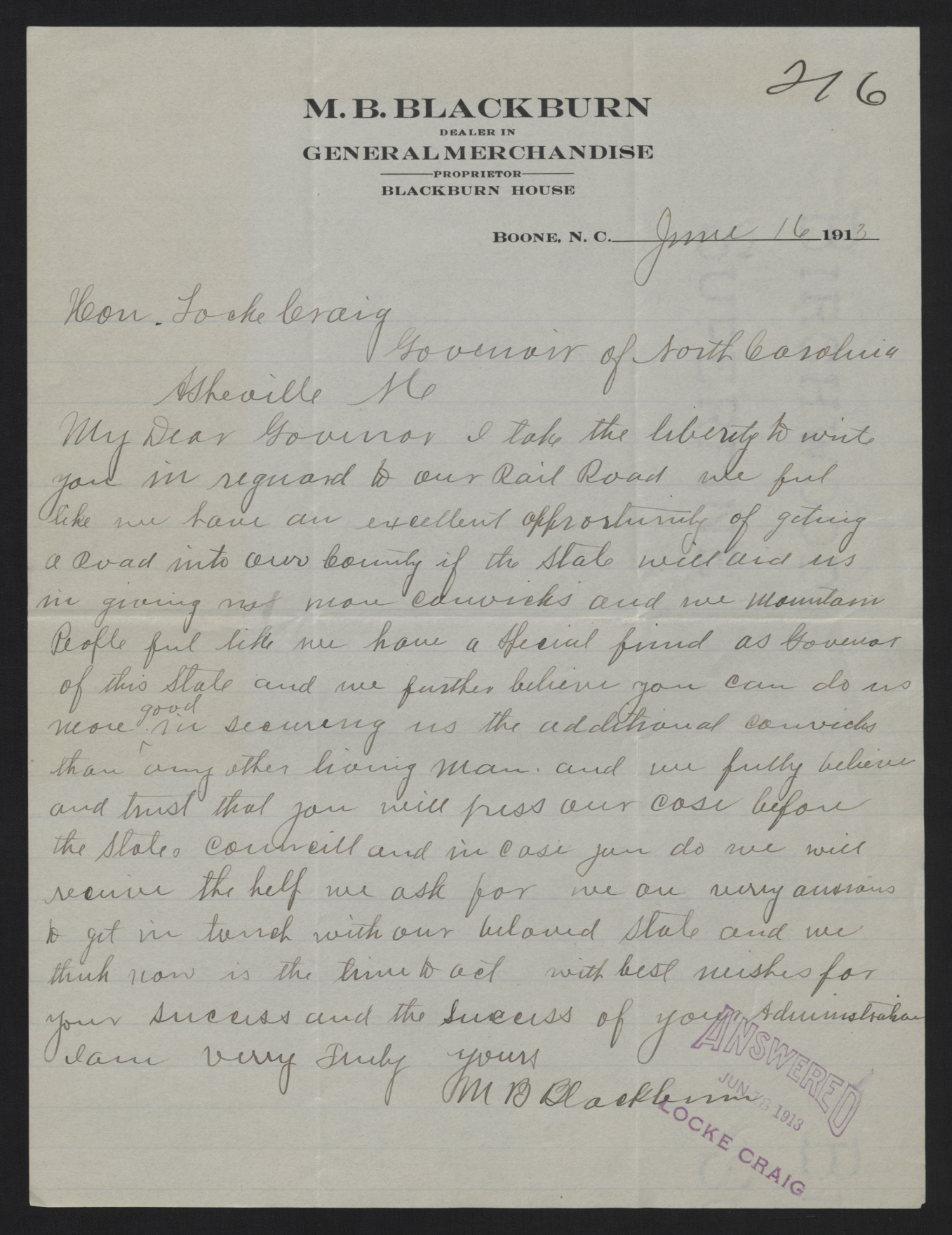 Letter from Blackburn to Craig, 16 June 1913