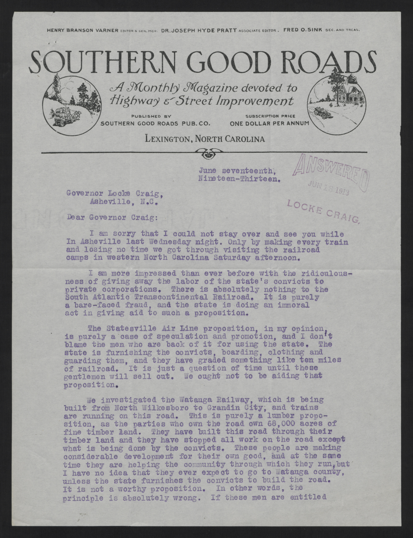 Letter from Varner to Craig, June 17, 1913, page 1