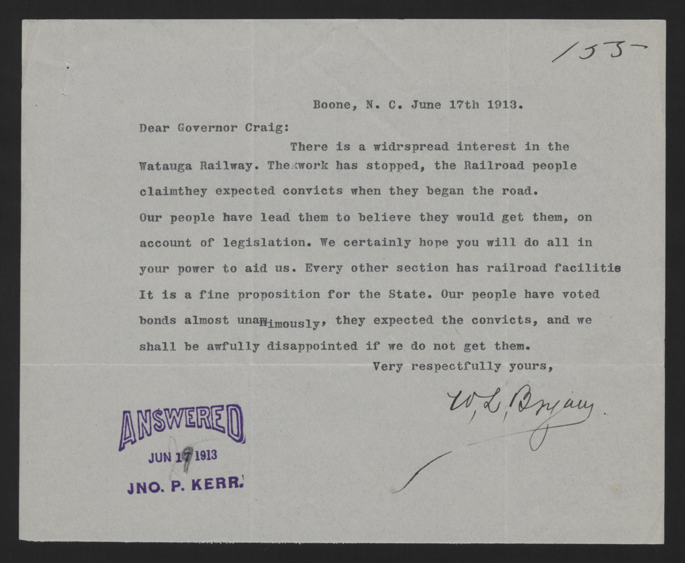 Letter from Bryan to Craig, June 17, 1913