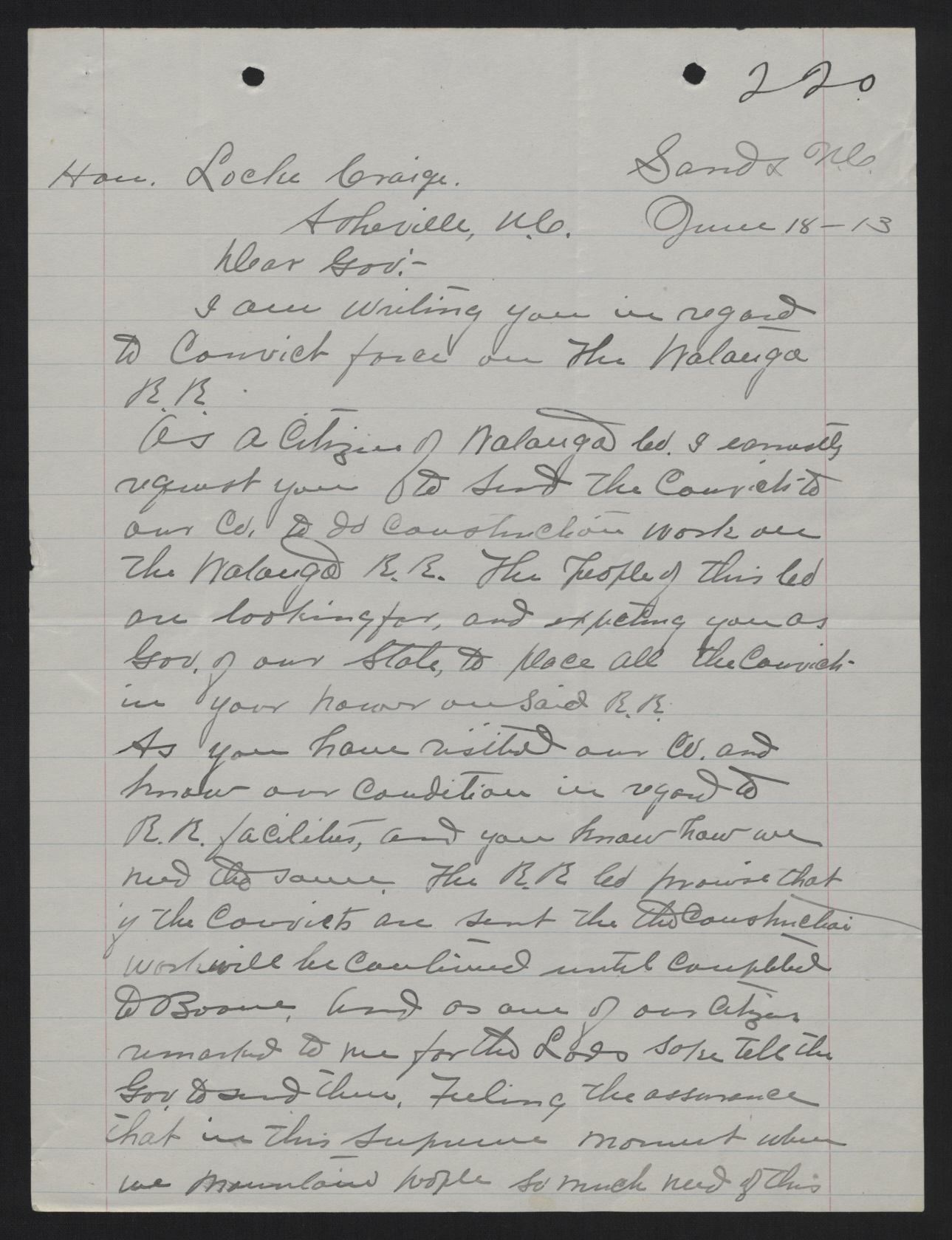 Letter from Hodges to Craig, June 18, 1913, page 1