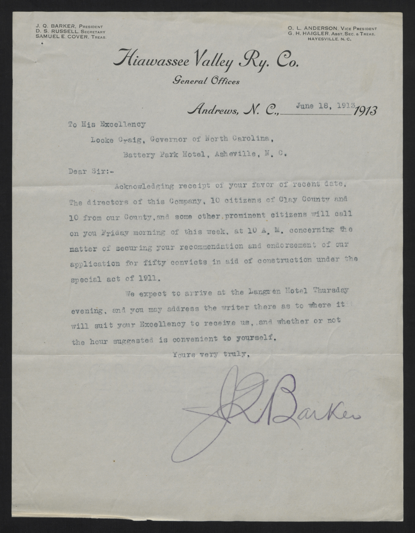 Letter from Barker to Craig, June 18, 1913