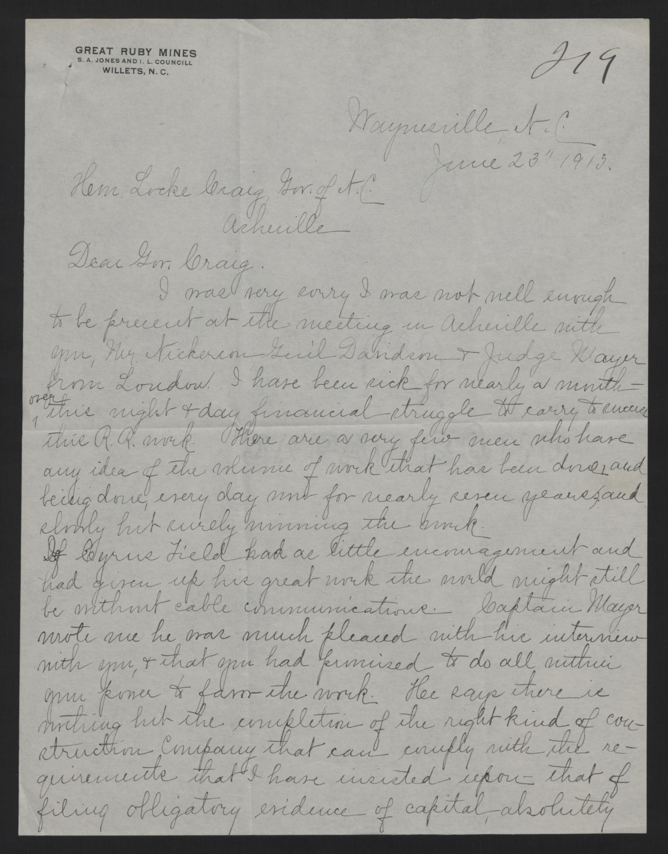 Letter from Jones to Craig, June 23, 1913, page 1