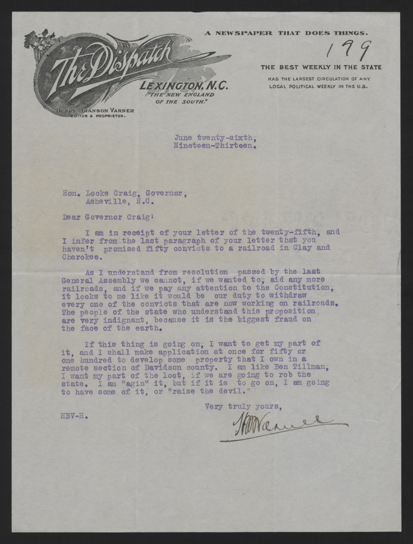 Letter from Varner to Craig, June 26, 1913