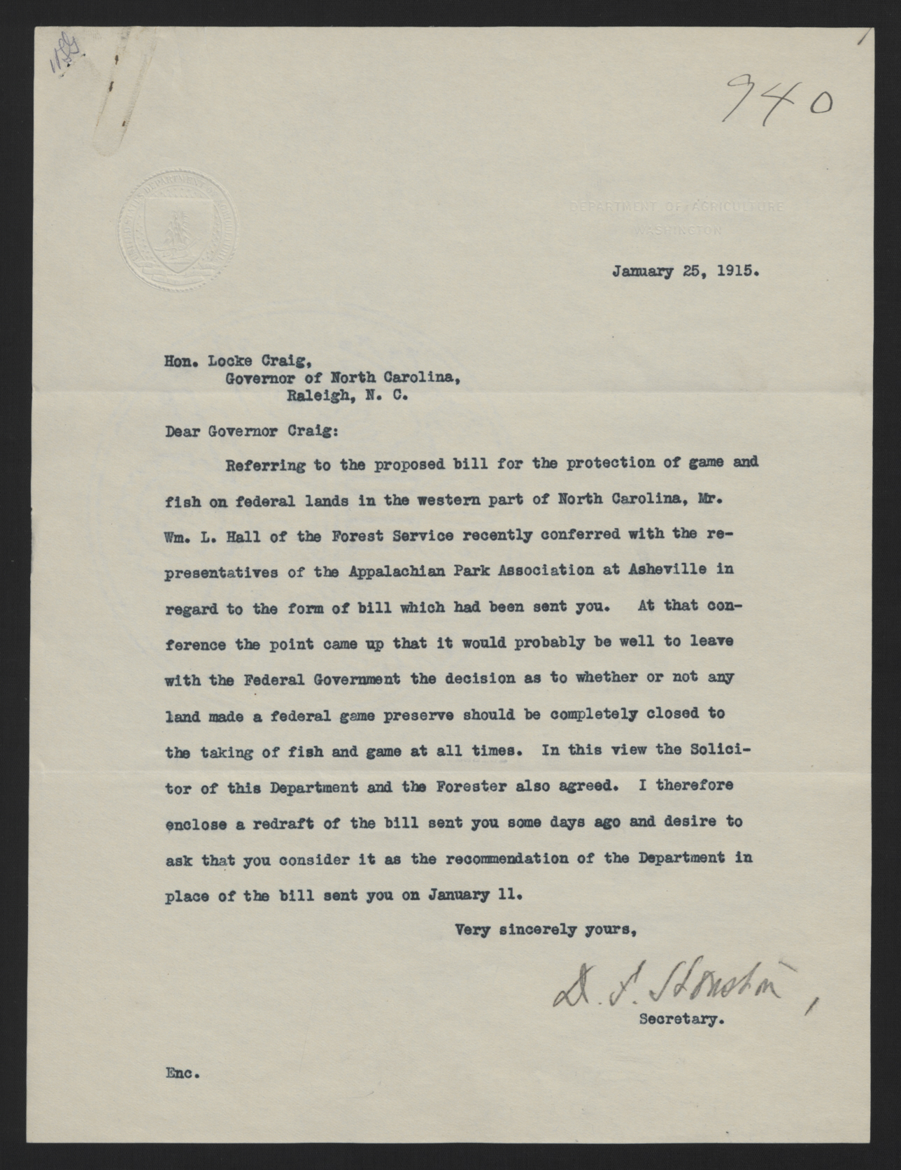 Letter from Houston to Craig, January 25, 1915