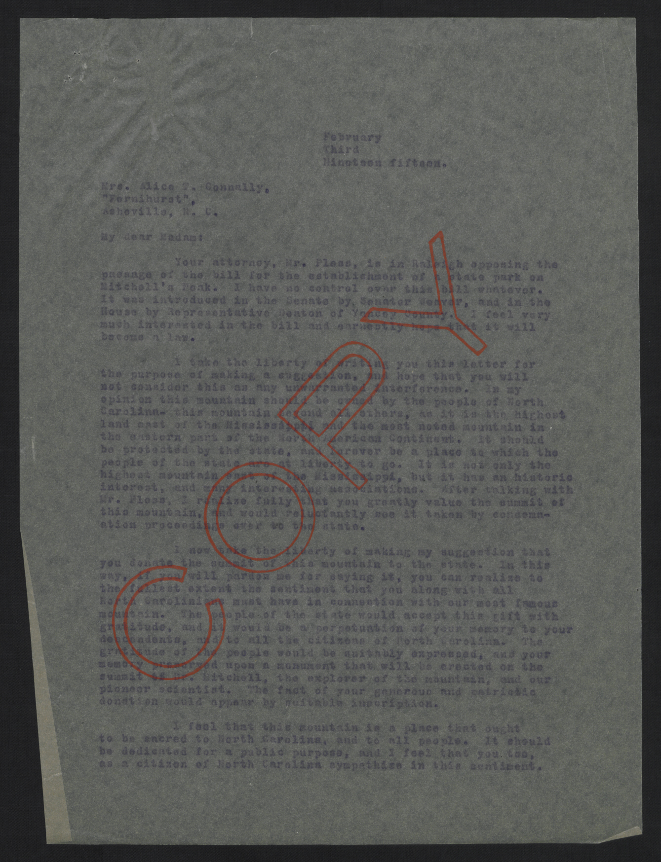 Letter from Craig to Connally, February 3, 1915, page 1
