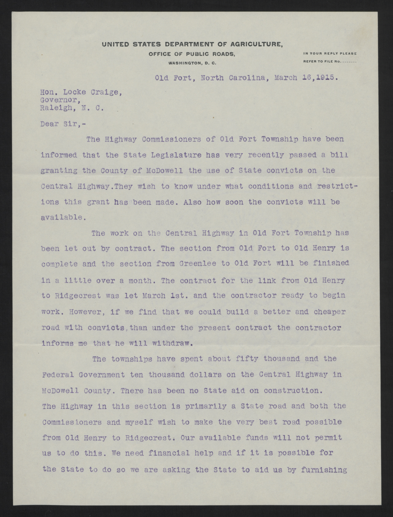 Letter from Rhodes to Craig, March 16, 1915, page 1