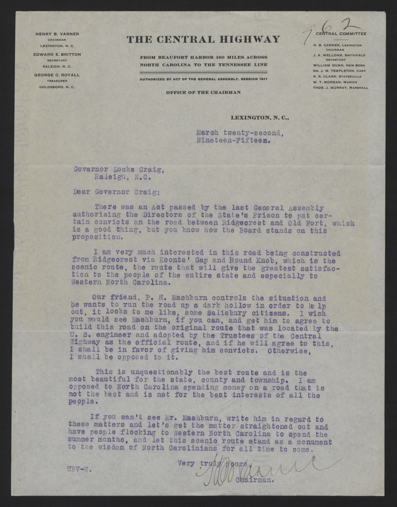 Letter from Varner to Craig, March 22, 1915