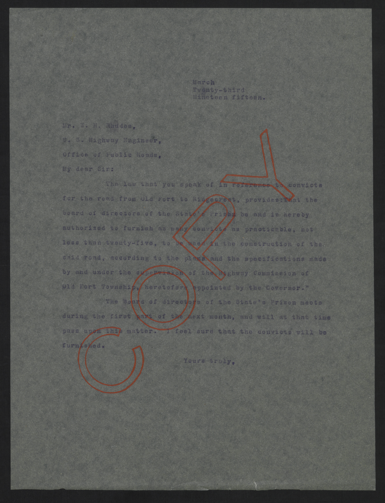 Letter from Craig to Rhodes, March 23, 1915