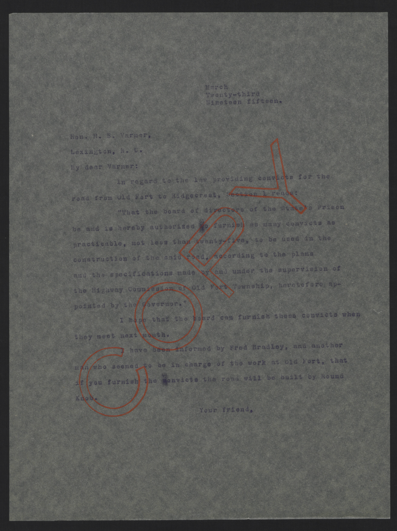 Letter from Craig to Varner, March 23, 1915