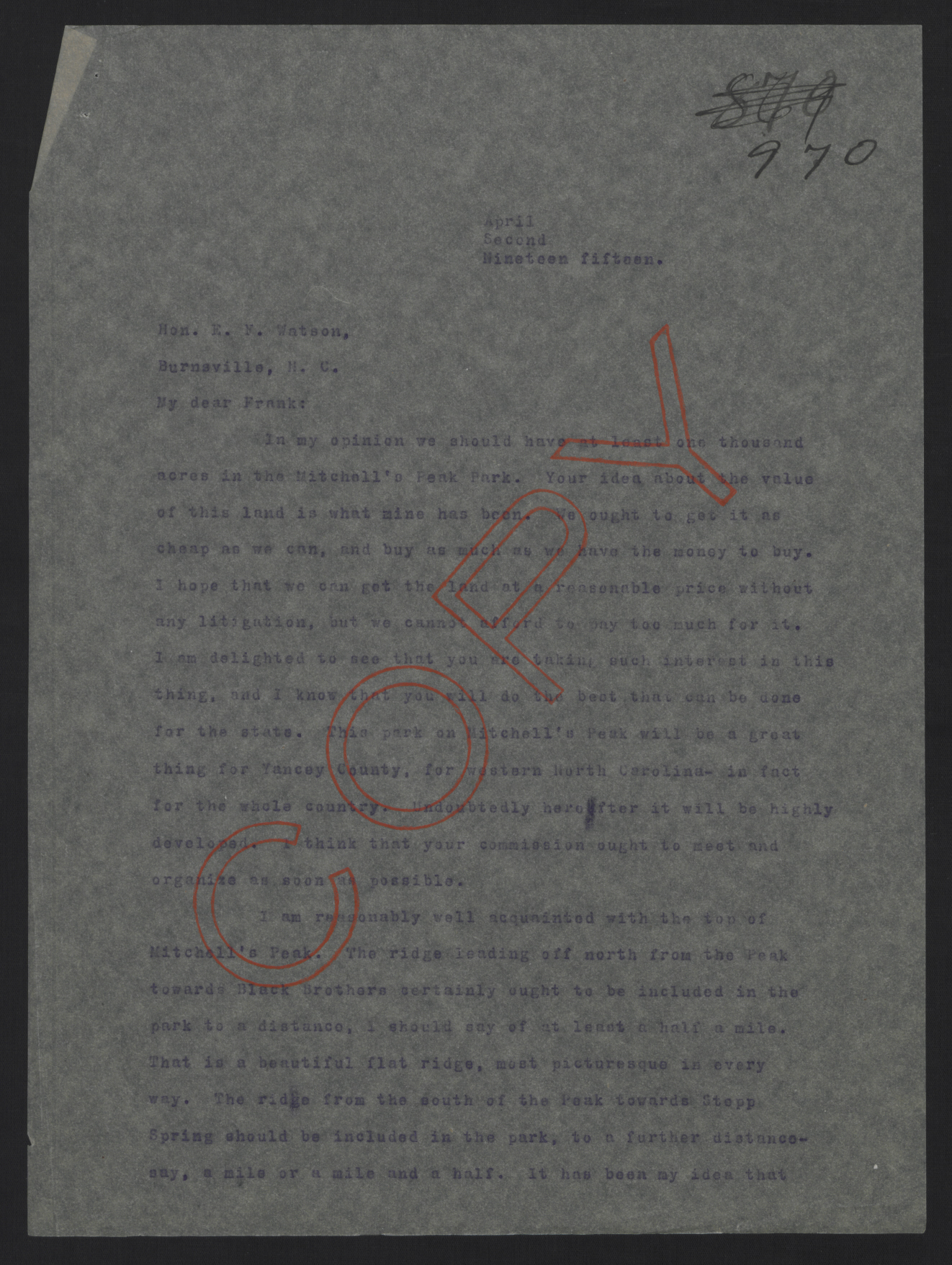 Letter from Craig to Watson, April 2, 1915, page 1