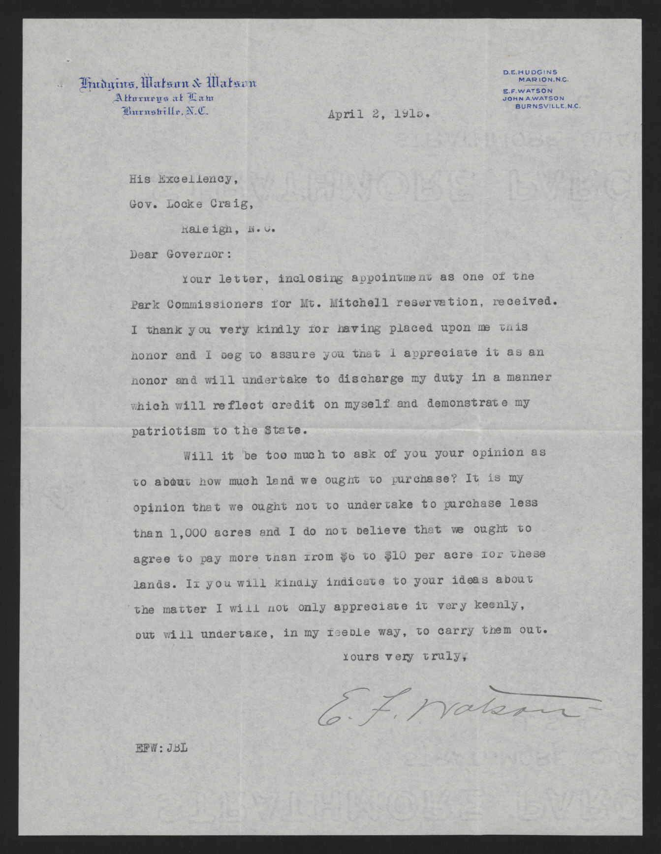 Letter from Watson to Craig, April 2, 1915